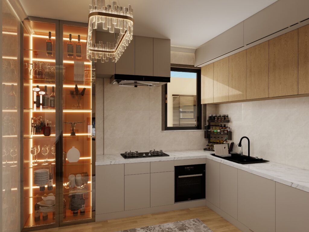 Elegant modern kitchen featuring sleek cabinetry, stylish chandelier, and illuminated display shelves.